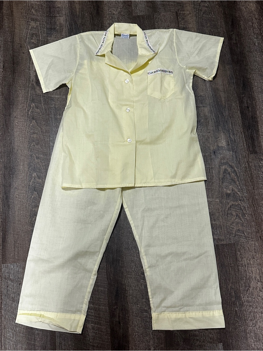 Vintage Carole Pajama Set Yellow Short Sleeve Pants Embroidery Cottagecore Large